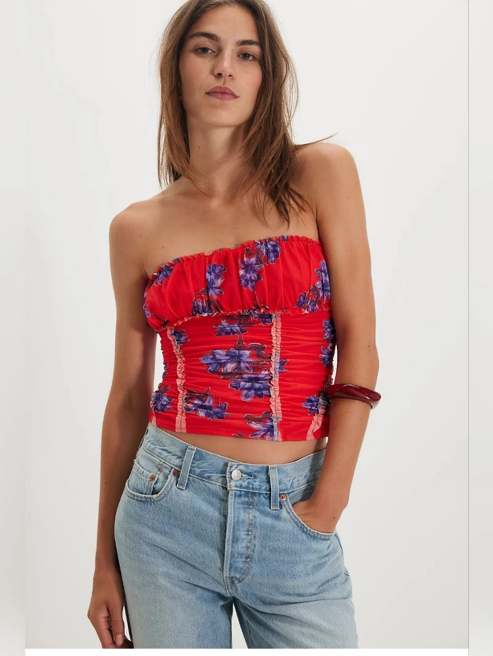 FREE PEOPLE Scottie red blue polka dot dainty flowers Printed Tube size XL new‎